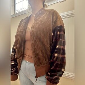 Brown Corduroy Jacket with Plaid Sleeves
